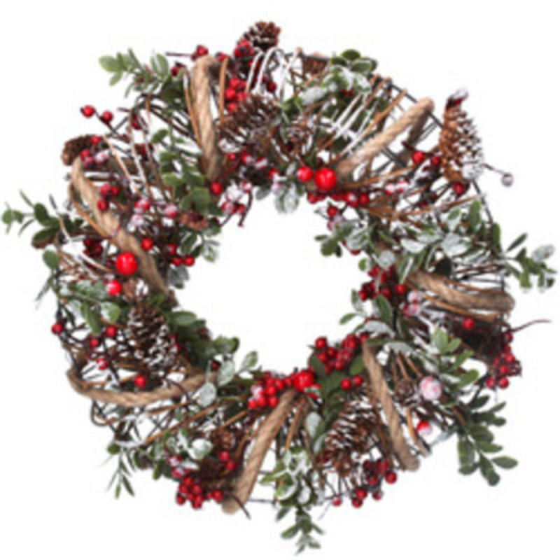 Rustic red and green Christmas Door Wreath decorated with green leaves red berries string and frosted pinecones on a coiled wire style wreath. Made by London based designer Gisela Graham who designs really beautiful and unusual Christmas decorations and gifts for your home.Ê Would suit any Christmas decor and would make a lovely Christmas gift. Remember Booker Flowers and Gifts for Gisela Graham Christmas Decorations.